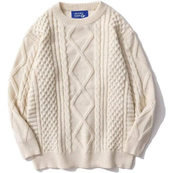 Cable Knit Sweater Women Chunky Sweater Woven Crewneck Knitted Pullover White - Picture 1 of 7